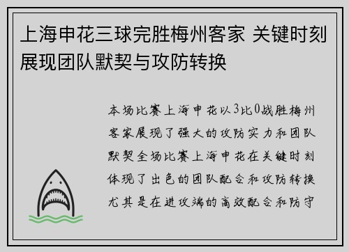 上海申花三球完胜梅州客家 关键时刻展现团队默契与攻防转换